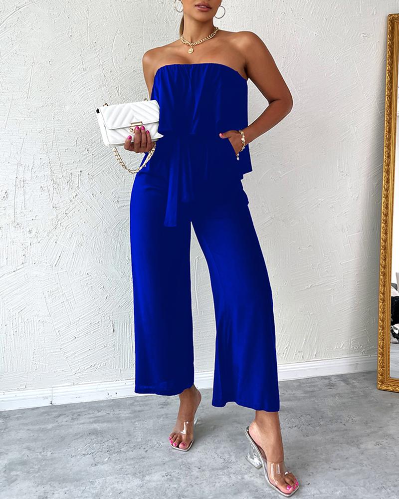

Strapless Bandeau Pocket Design Ruffles Wide Leg Jumpsuit, Blue