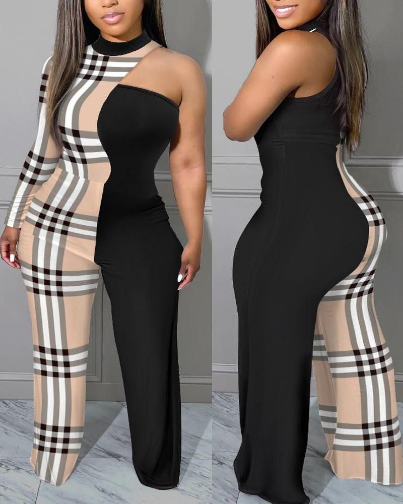 

Plus Size Plaid Print Colorblock One Shoulder Wide Leg Jumpsuit, Khaki