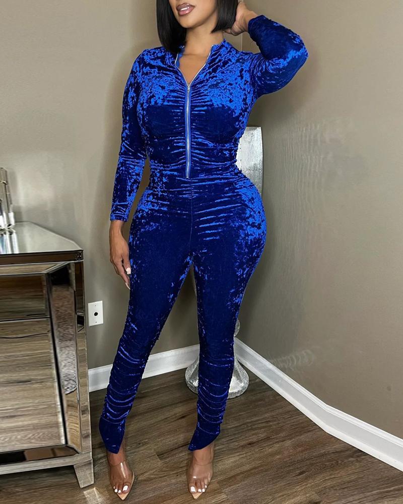 

Velvet Ruched Long Sleeve Zip Up Top & Pants Set, Blue