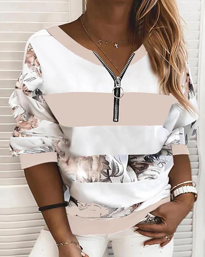

Plus Size Striped Floral Print Zip Front Long Sleeve Top, Pink