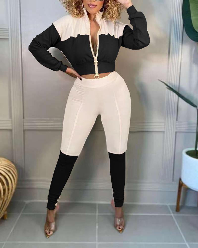 

Colorblock Long Sleeve Zip Up Top & Pants Set, Black