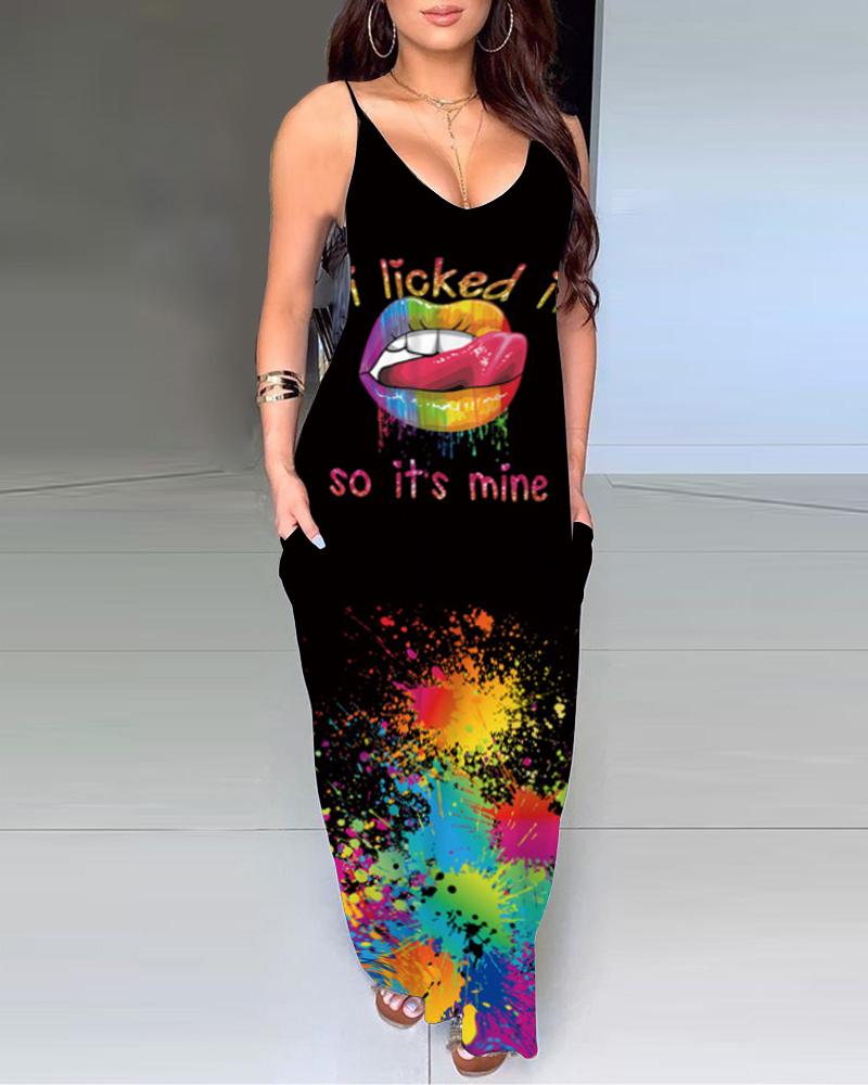 

Multicolor Lip Letter Print Pocket Design Maxi Dress, Style1