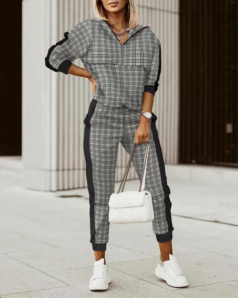 

Plaid Print Zip Front Hooded Top & Pants Set, Black