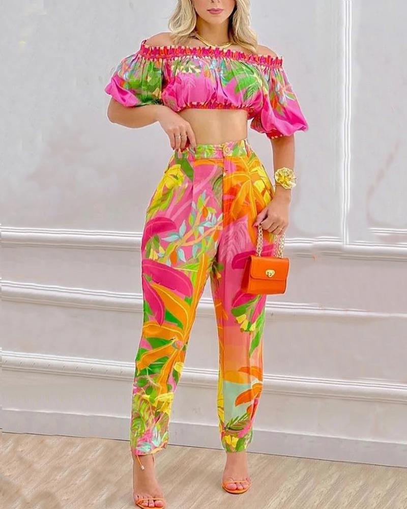 

Tropical Print Off Shoulder Crop Top & Pants Set, Multicolor