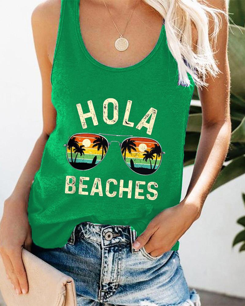 

Coconut Tree Sunglasses Landscape Letter Print Graphic Tee Summer Beach Vest Tank Top, Green