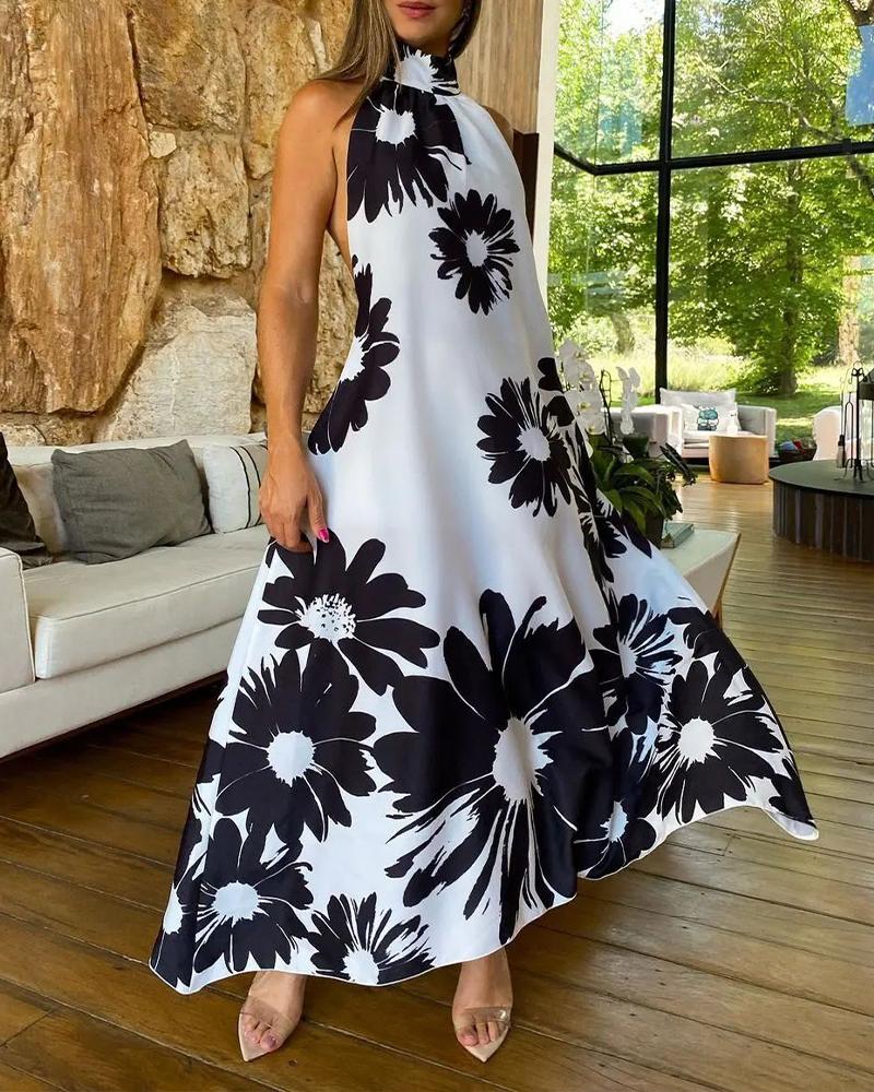 

Floral Print Halter Backless Maxi Swing Dress, Black