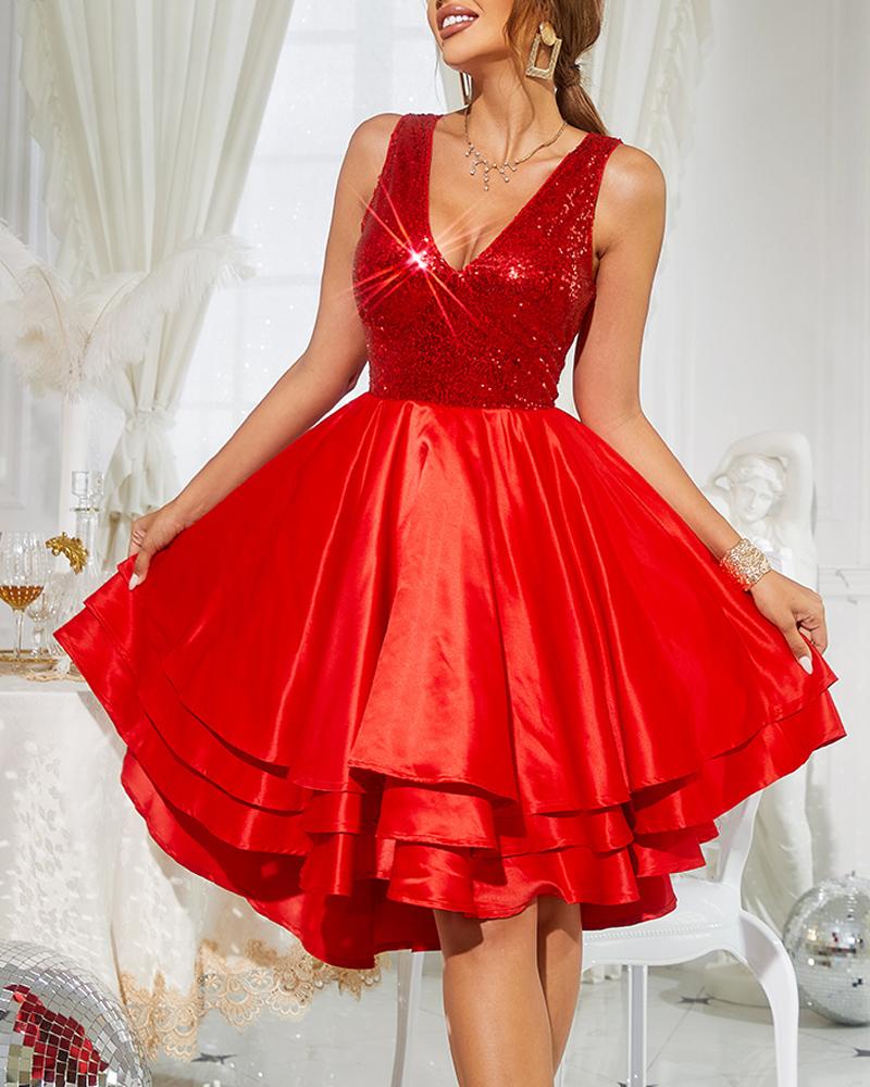 

Ruffle Hem Sequin Cami Sundress, Red