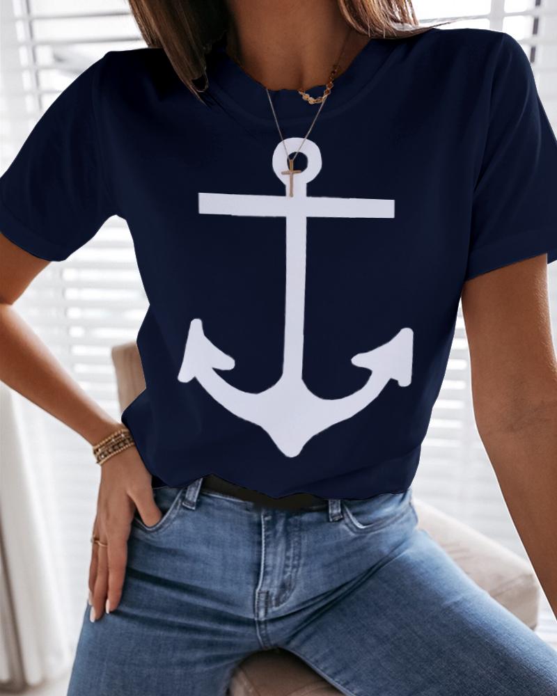 

Boat Anchor Print Short Sleeve Casual T-shirt, Purplish blue