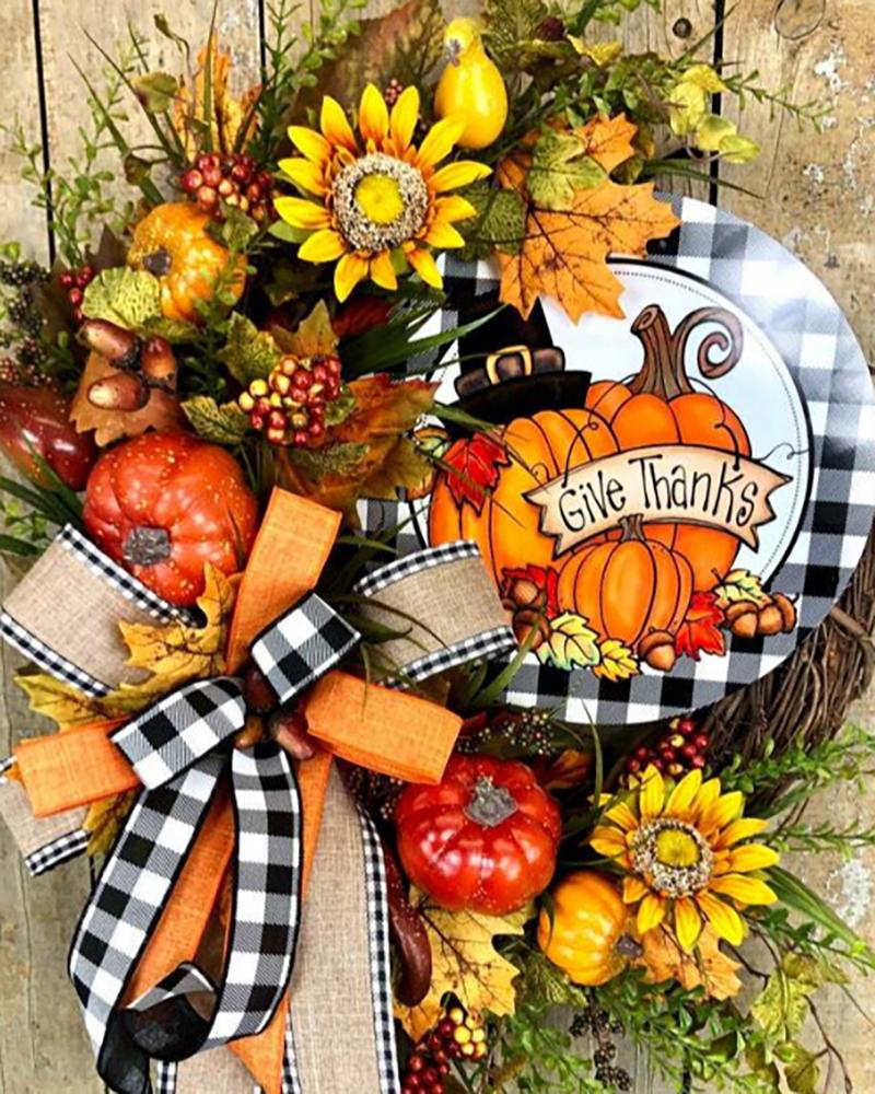 

Farmhouse Buffalo Lattice Pumpkin and Sunflower Wreath, Yellow