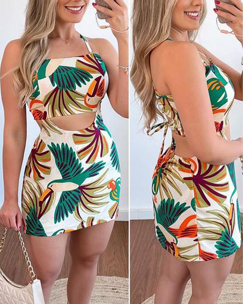 

Tropical Print Cutout Crisscross Backless Mini Dress, Green