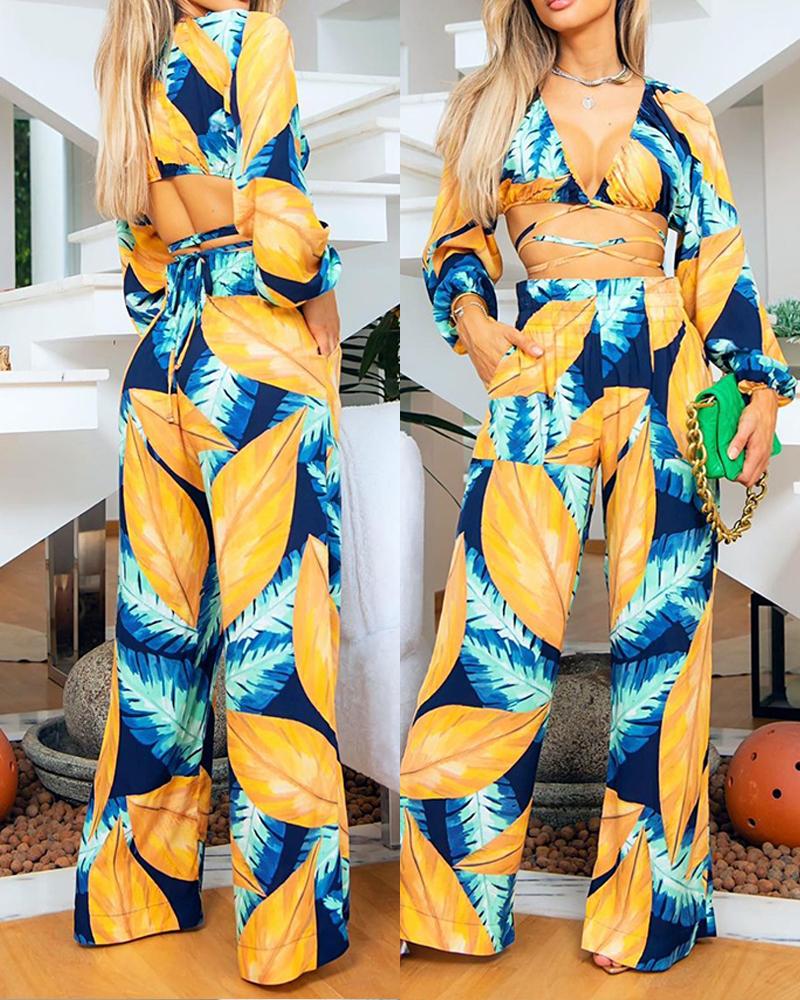 

Plants Print Lantern Sleeve Criss Cross Crop Top & Pants Set, Multicolor
