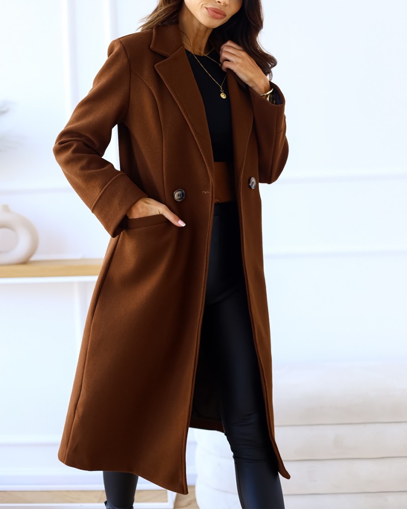 

Long Sleeve Pocket Design Double Breasted Overcoat, Brown
