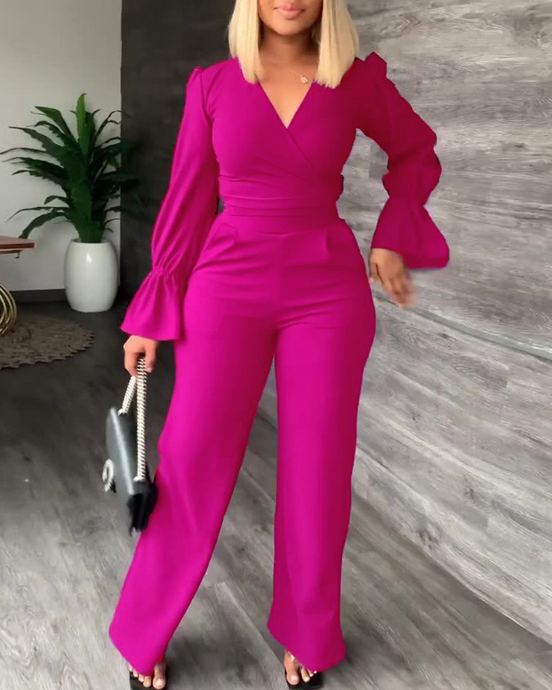 

Bell Sleeve Tied Detail Wrap Top & Pants Set, Hot pink