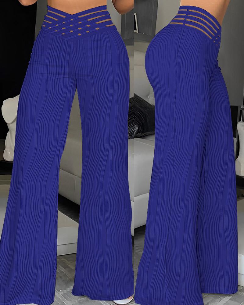 

Overlap Waist Textured Flared Pants, Blue