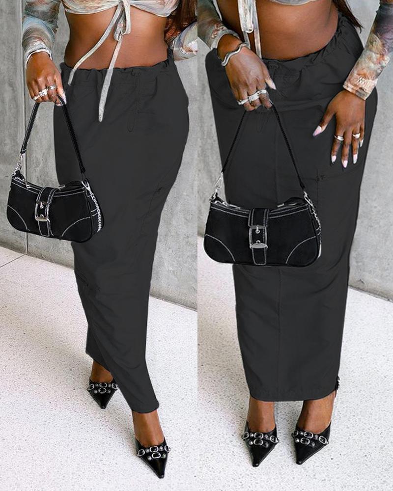 

Pocket Design Drawstring Casual Skirt, Black