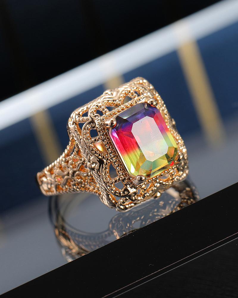 

Colorful Gem Stone Square Pattern Ring, Gold
