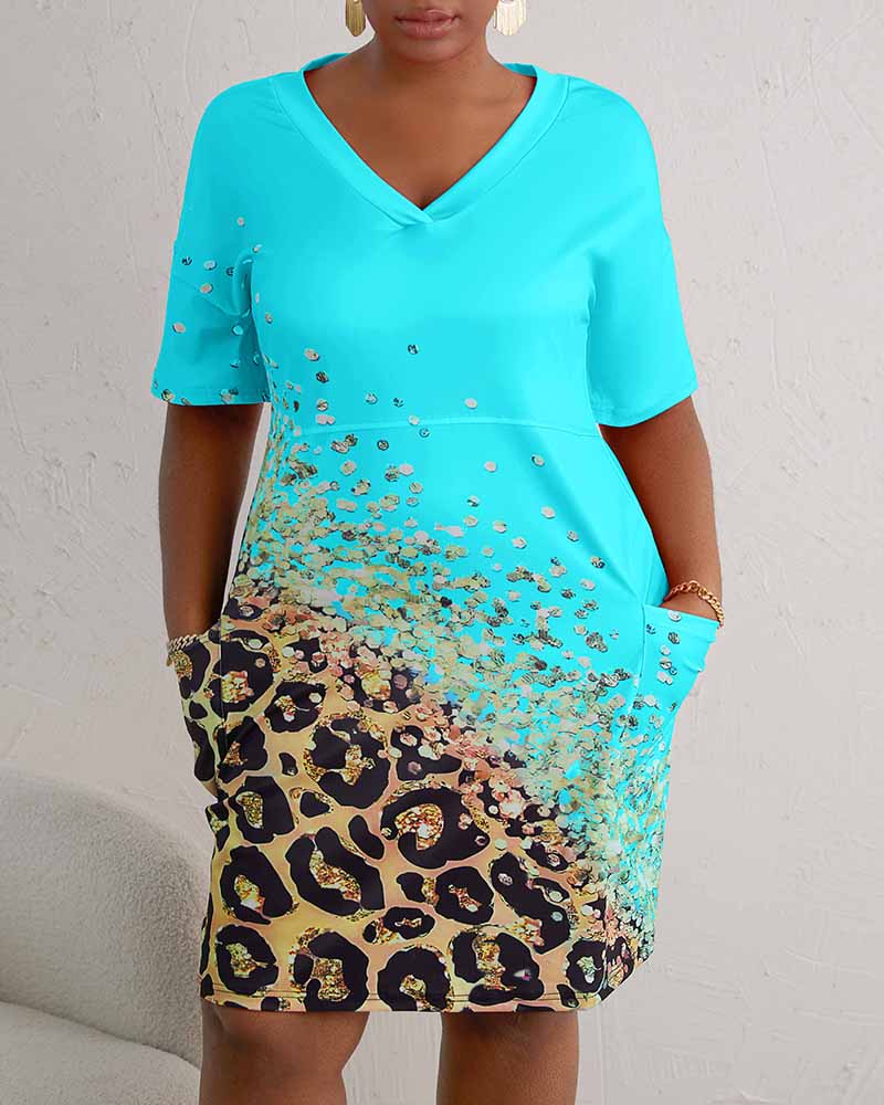 

Plus Size Contrast Leopard Print Pocket Design Casual Dress, Turquoise blue