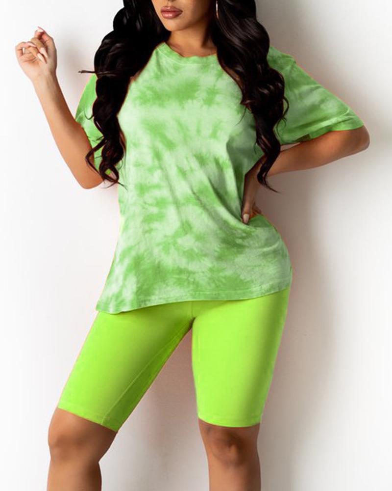 

Tie Dye Print Short Sleeve Top & Shorts Set, Green