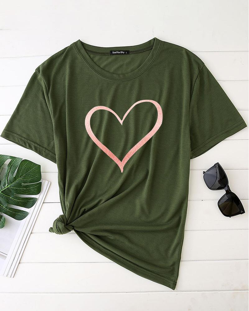 

Valentine' Day Unisex Heart Print Short Sleeve T-shirt, Green