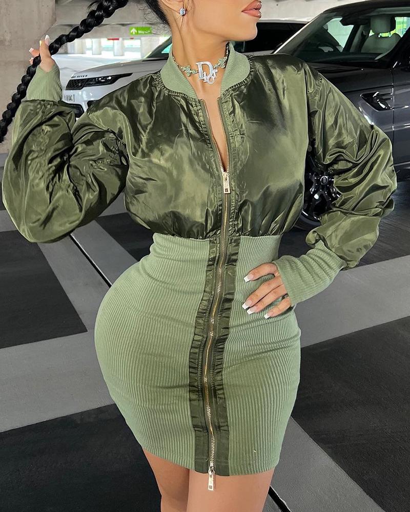 

Zipper Front Ruched Long Sleeve Dress, Green