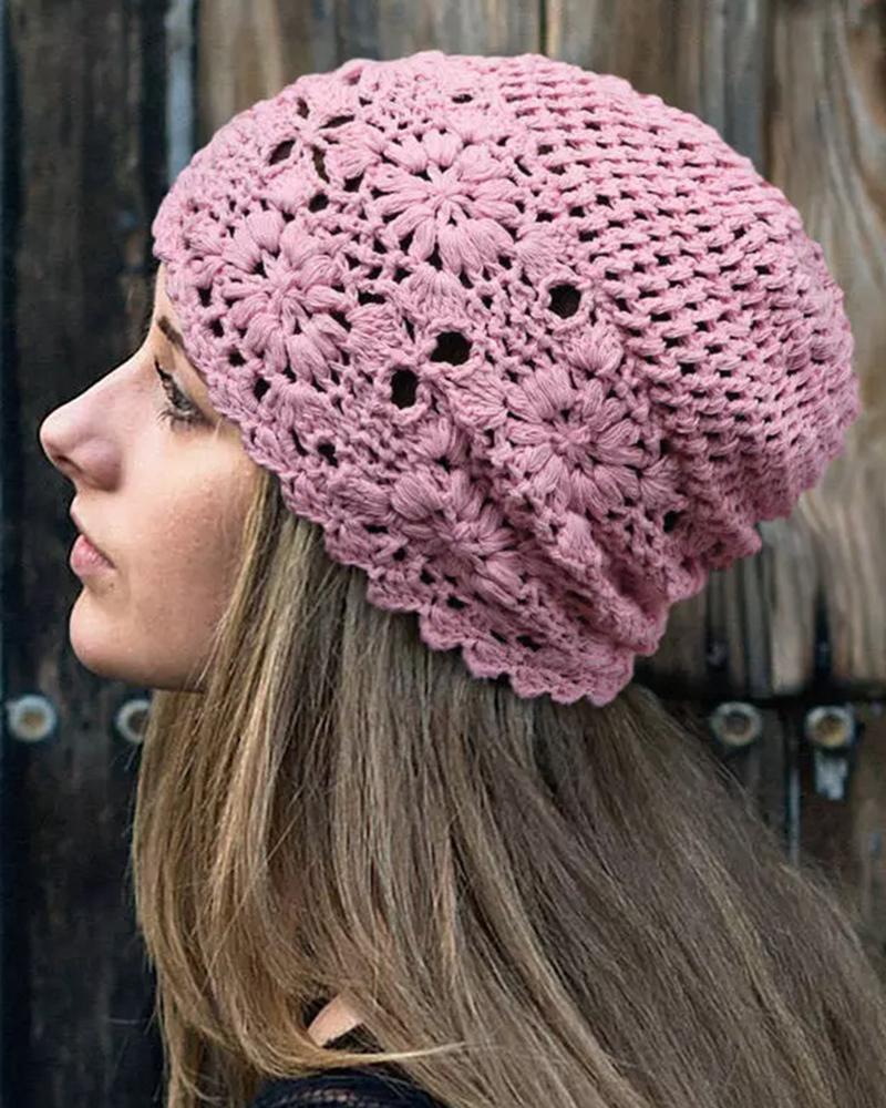 

Crochet Knitted Hollow Out Hat, Pink