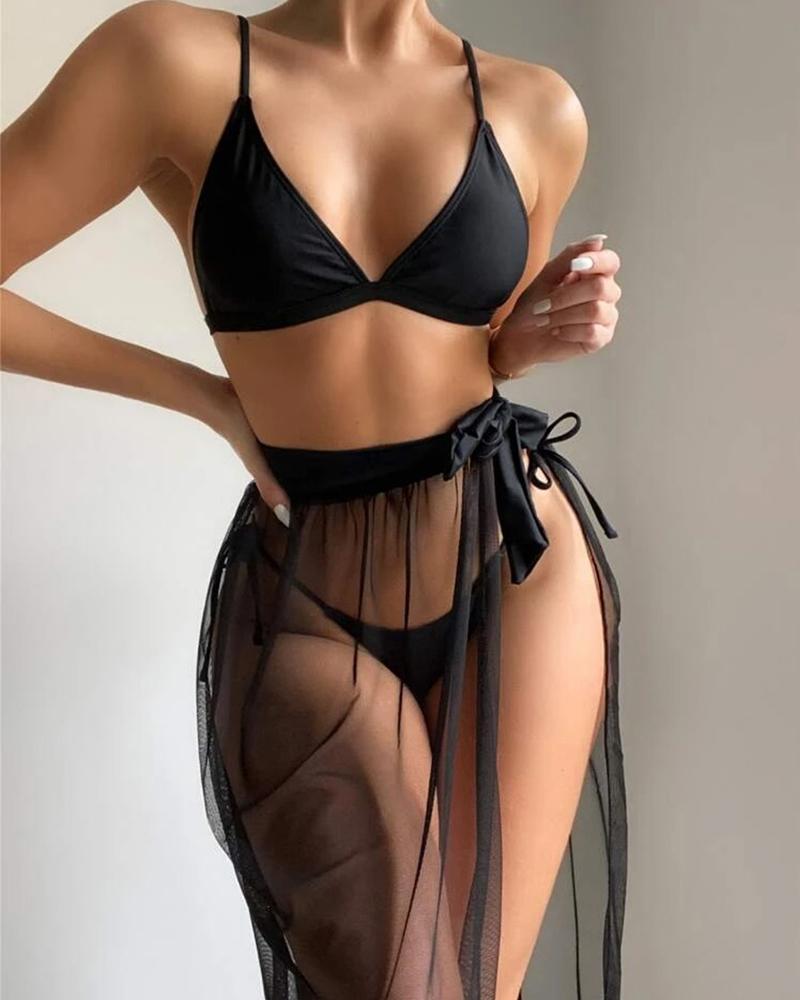 

3PCS Spaghetti Strap Bikini Set With Sheer Mesh Cover Up, Black