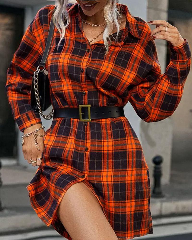 

Plaid Print Long Sleeve Button Down Shirt Dress, Orange