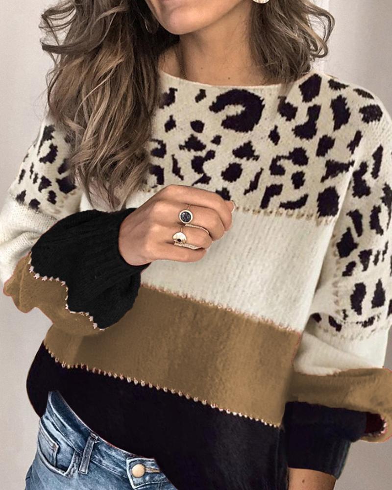 

Cheetah Print Colorblock Long Sleeve Casual Sweater, Khaki