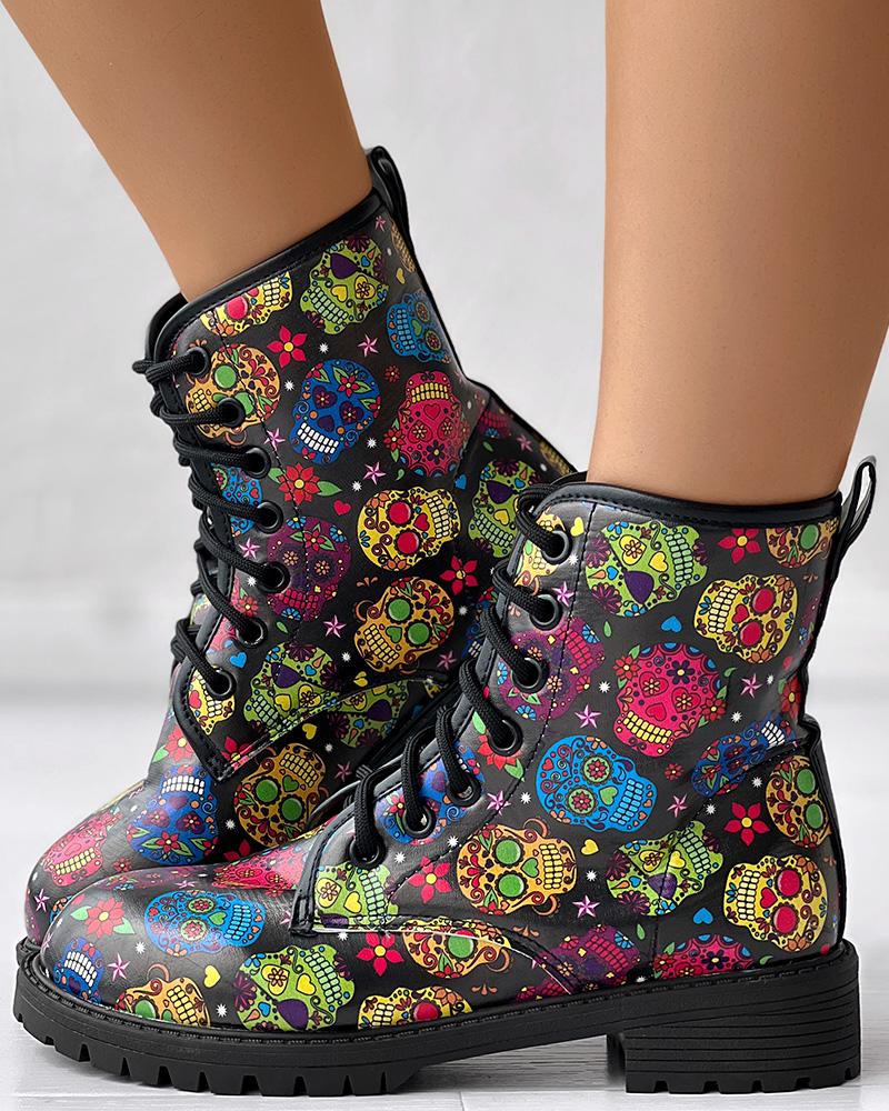 

Halloween Skull Head Print Lace-up Ankle Boots, Multicolor