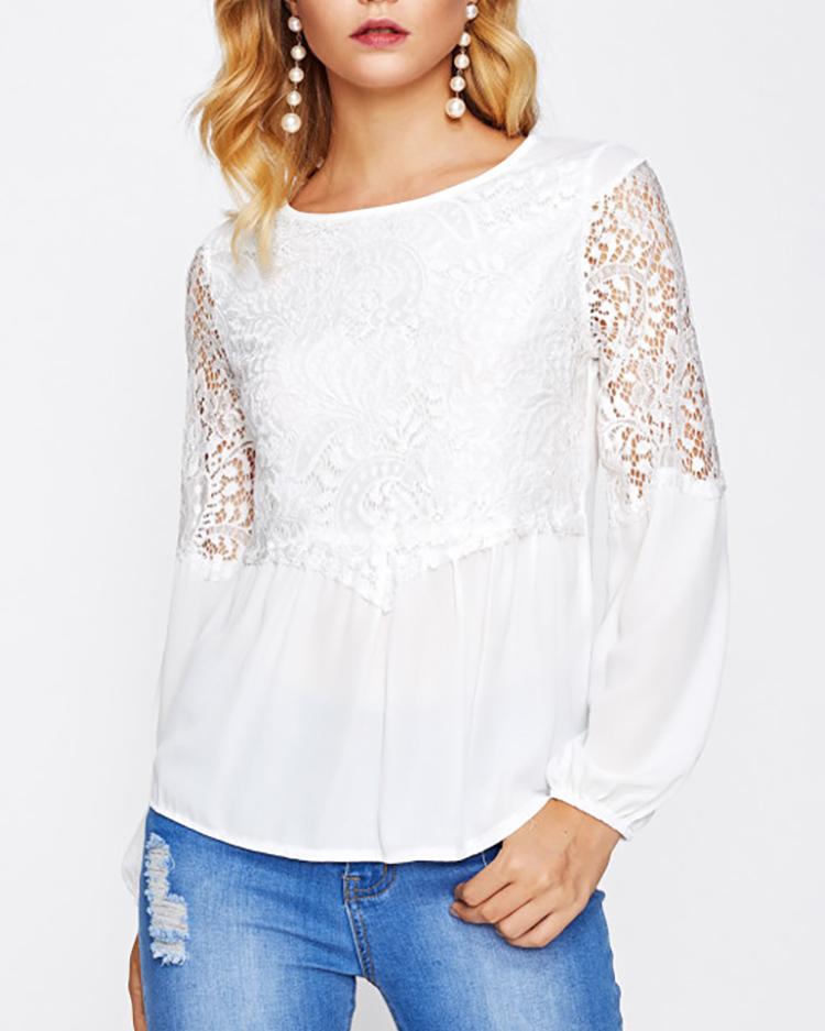 

Sheer Lantern Sleeve Patchwork Casual Blouse - White