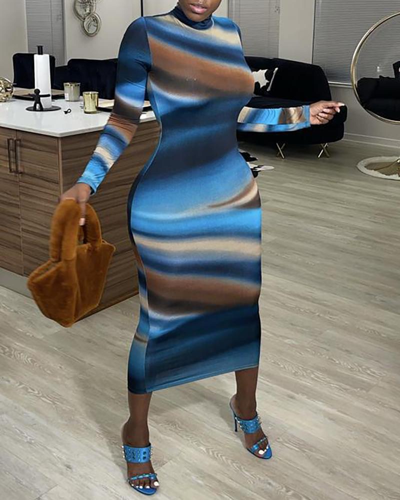 

Tie Dye Print Long Sleeve Bodycon Women Dress, Blue