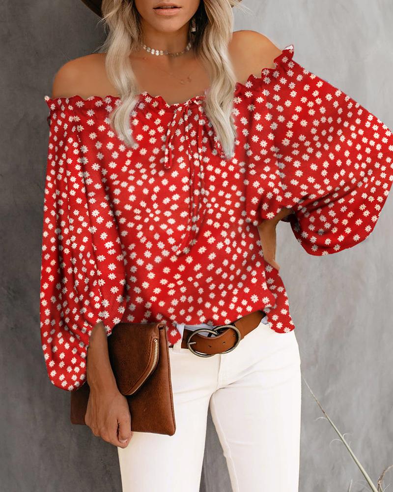 

Lantern Sleeve Off Shoulder Ditsy Floral Print Top, Red