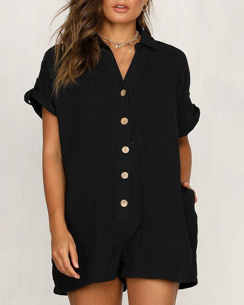 

Solid Button Design Short Sleeve Romper, Black