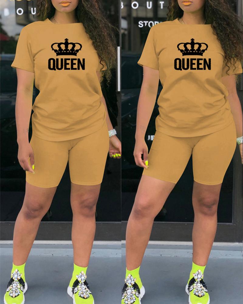 

Letter Crown Print Casual Top & Shorts Set, Khaki
