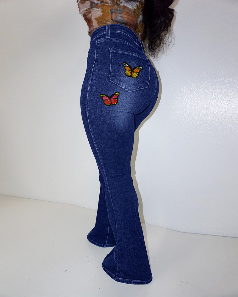 

Plus Size Butterfly Patch Zipper Fly Bootcut Jeans, Dark blue