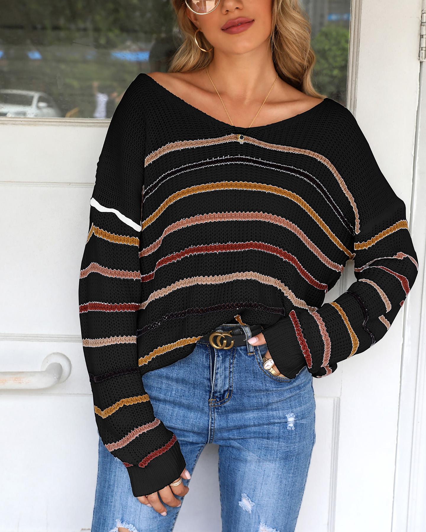 

Striped Colorblock Long Sleeve Knit Sweater, Black