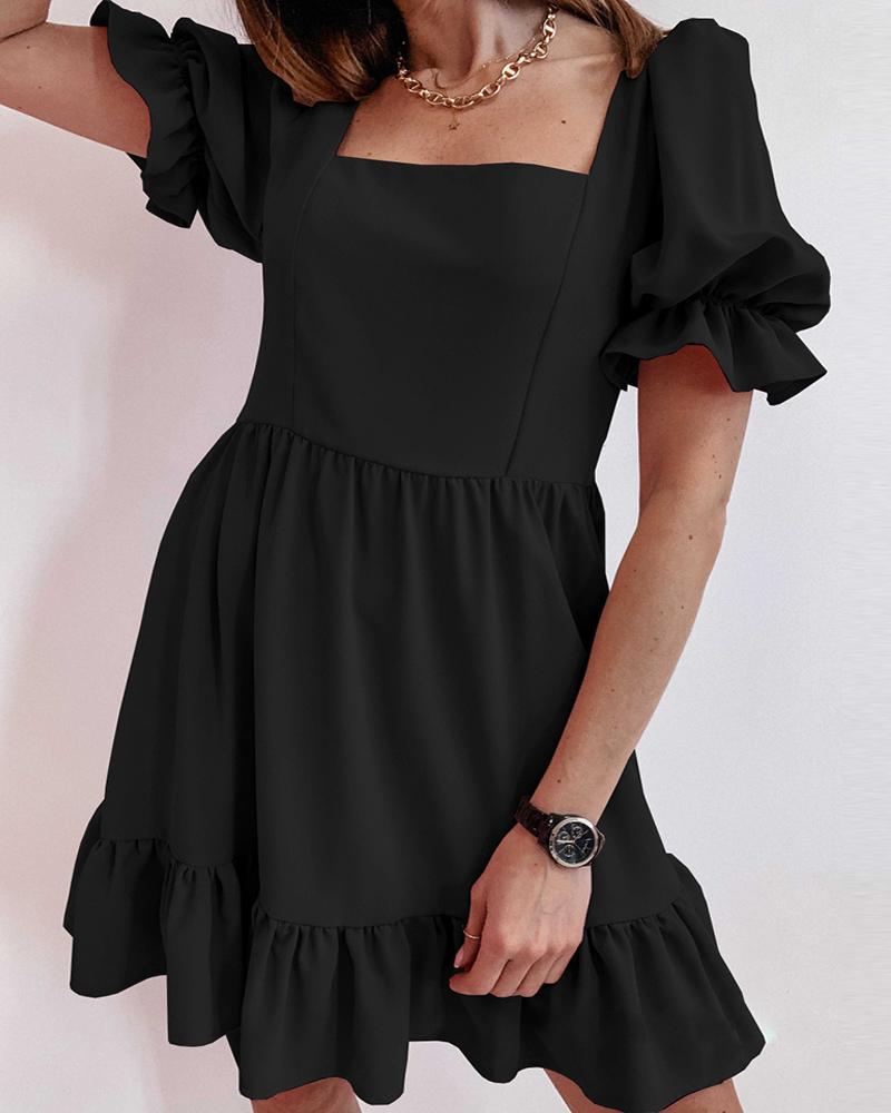 

Ruffle Hem Puff Sleeve Ruched Causal Dress, Black