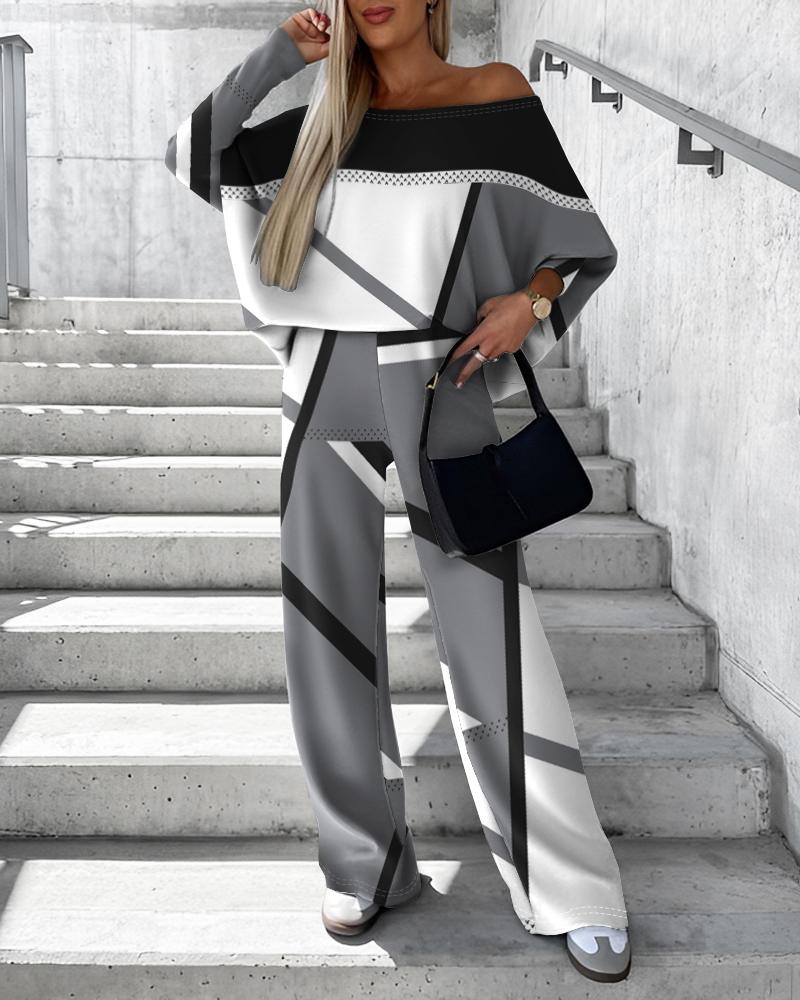 

Geometric Print Batwing Sleeve Top & Pants Set, Gray