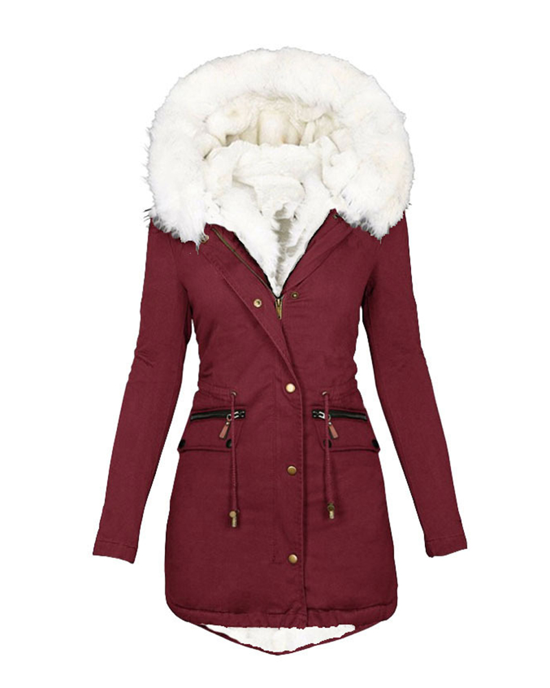 

Women' Parka Casual Winter Long Coat Zipper Pocket Design Drawstring Lined Hooded Fit Warm Jacket, Wine red