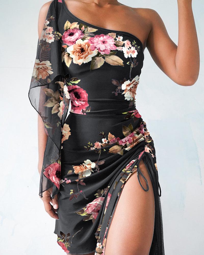 

One Shoulder Asymmetrial Ethereal Pleated Slit Floral Print Dress, Black