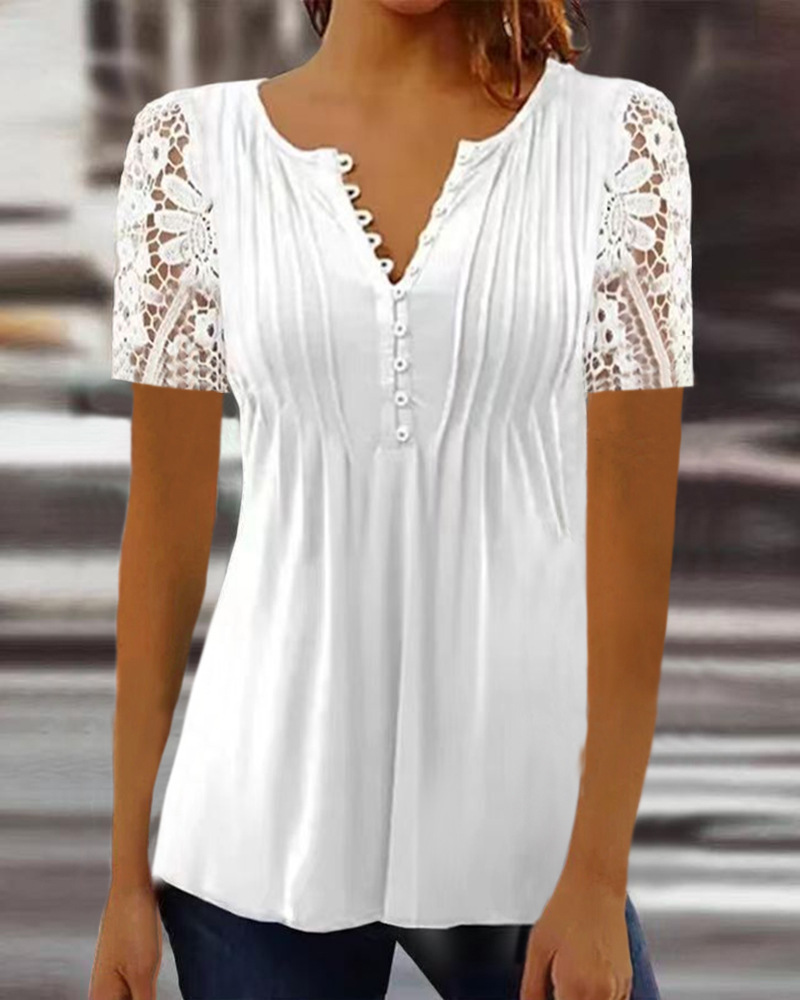 

Lace Patch Button Front Casual T-shirt, Wine red