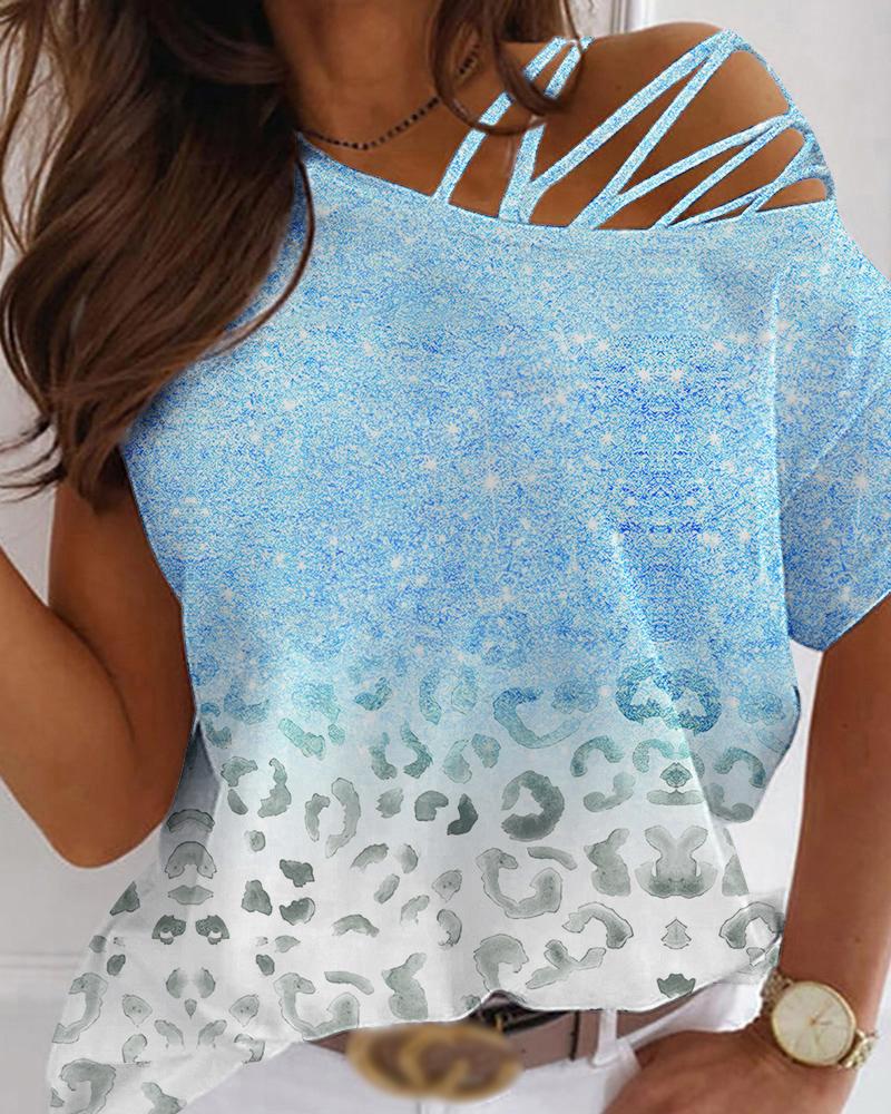 

Leopard Print Cold Shoulder Top, Sky blue