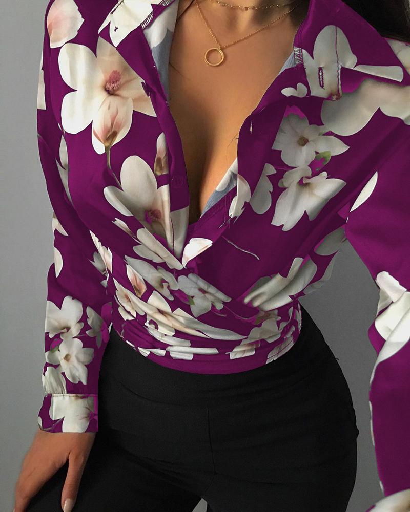 

Floral Print Long Sleeve Buttoned Shirt, Hot pink