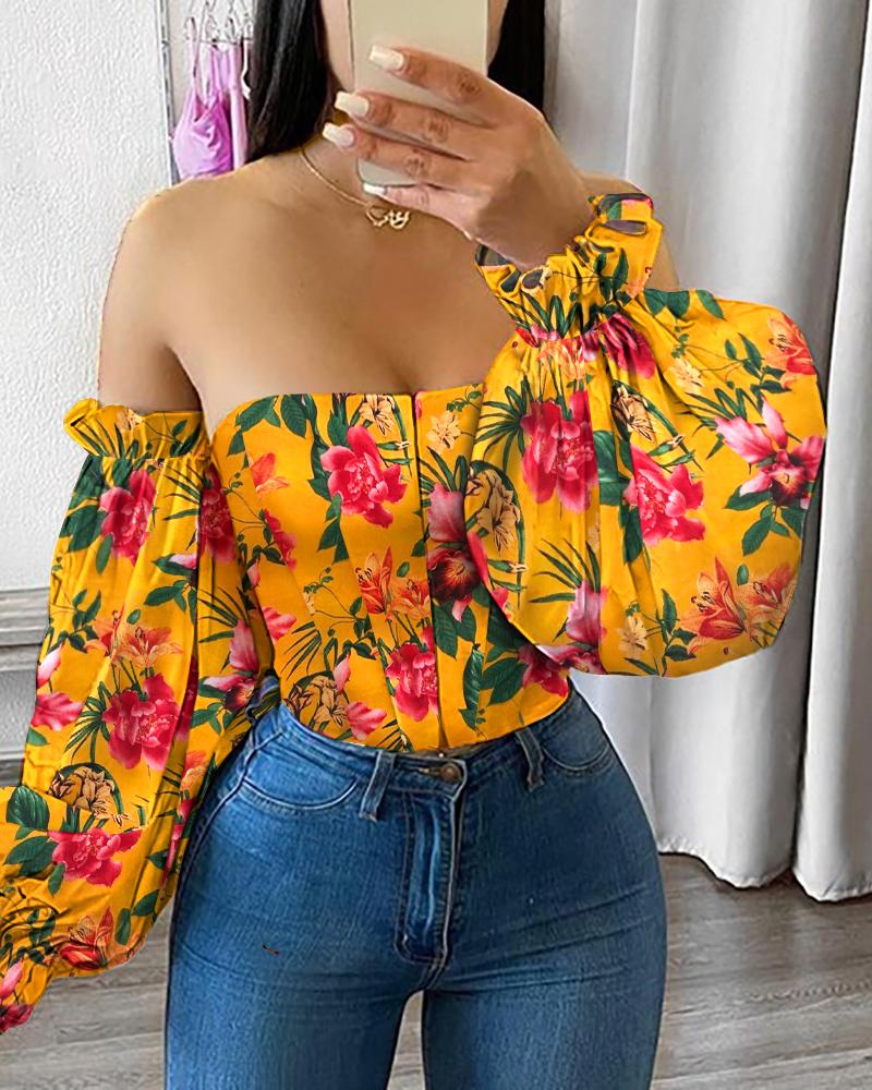 

Floral Print Off Shoulder Lantern Flounce Sleeve Crop Top, Yellow