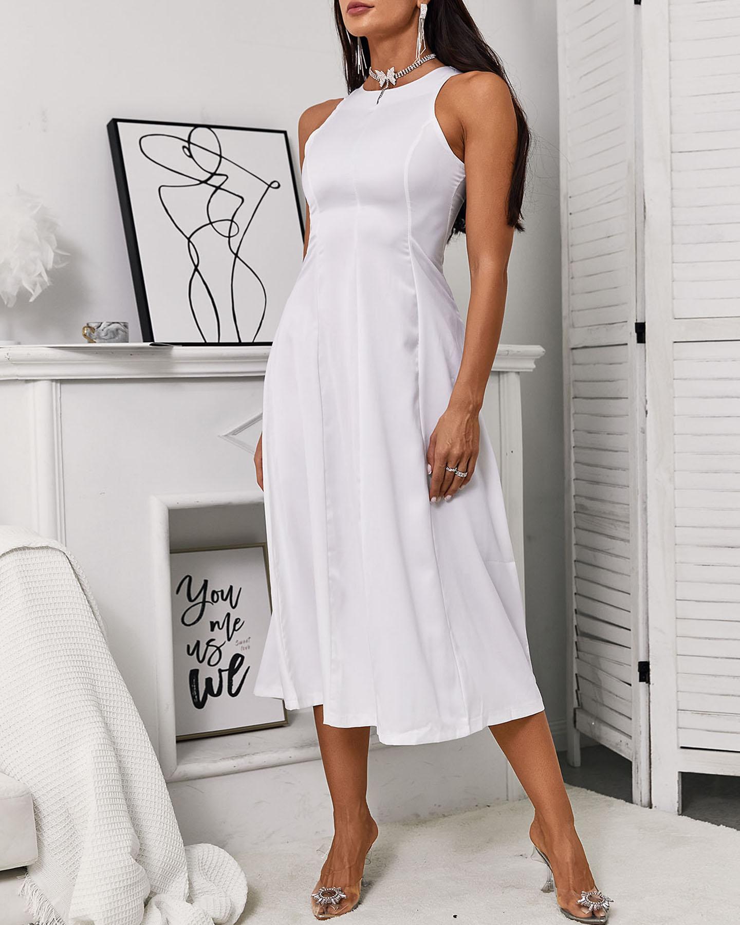

Plain O-neck Sleeveless Casual Dress, White