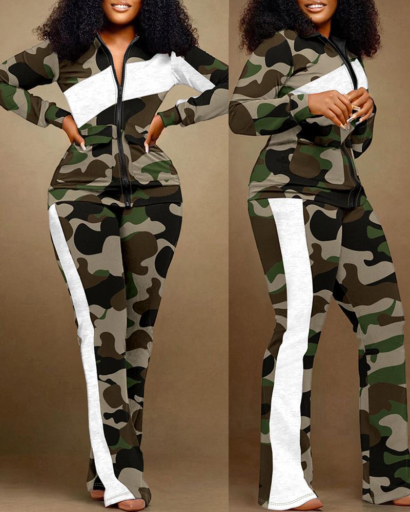 

Plus Size Camouflage Print Zip Up Top & Pants Set, Camoflage