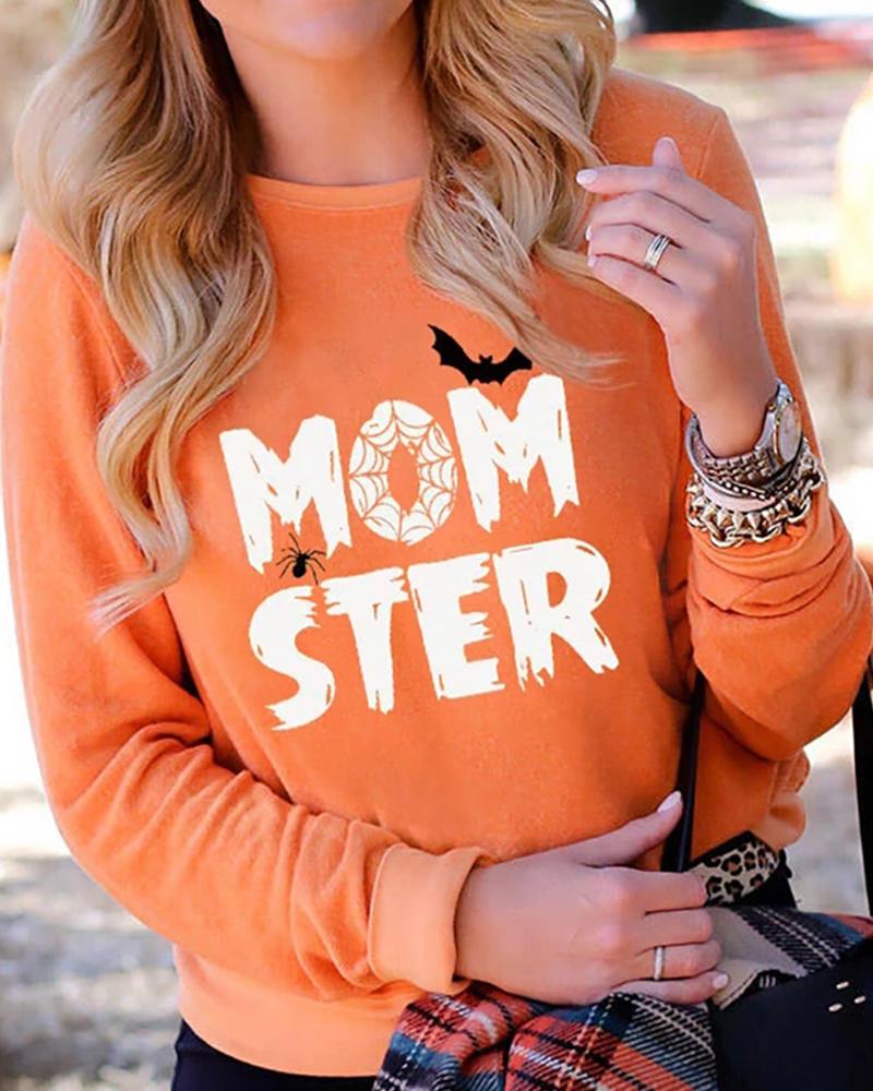 

Halloween Letter Bat Print Long Sleeve Sweatshirt, Orange