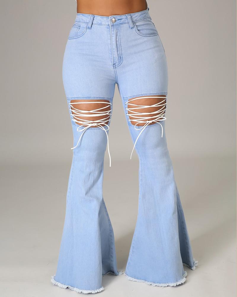 

Fringe Hem Cutout Lace-up Bootcut Jeans, Blue