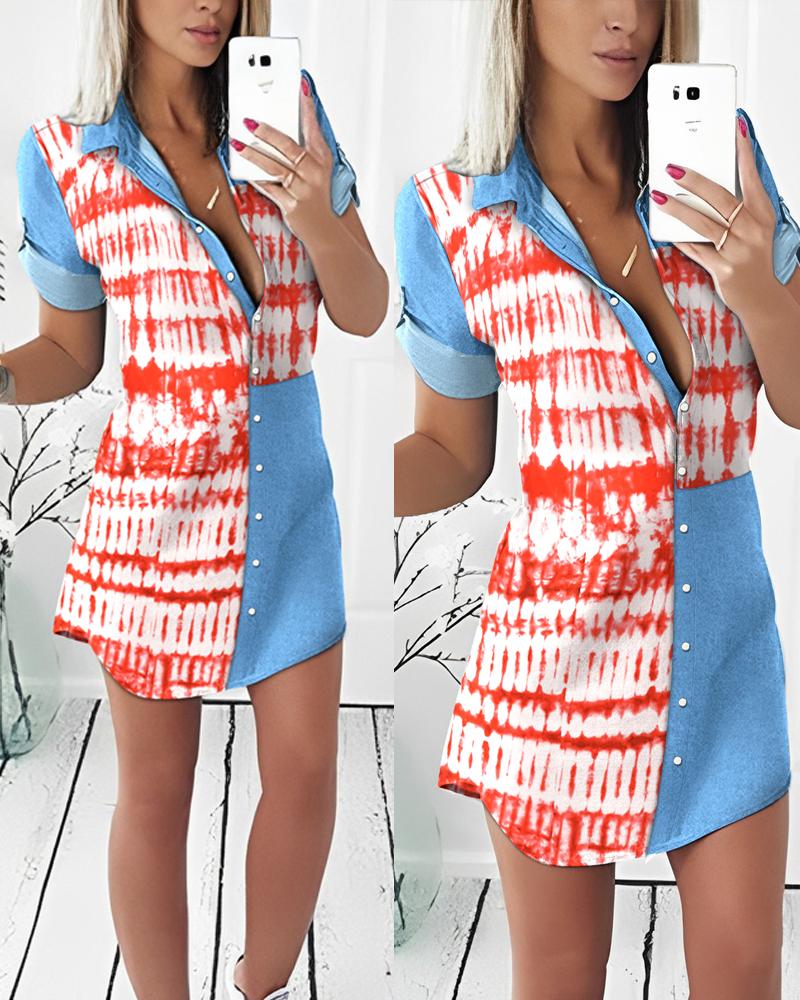 

Tie Dye Print Patchwork Buttoned Shirt Dress, Red