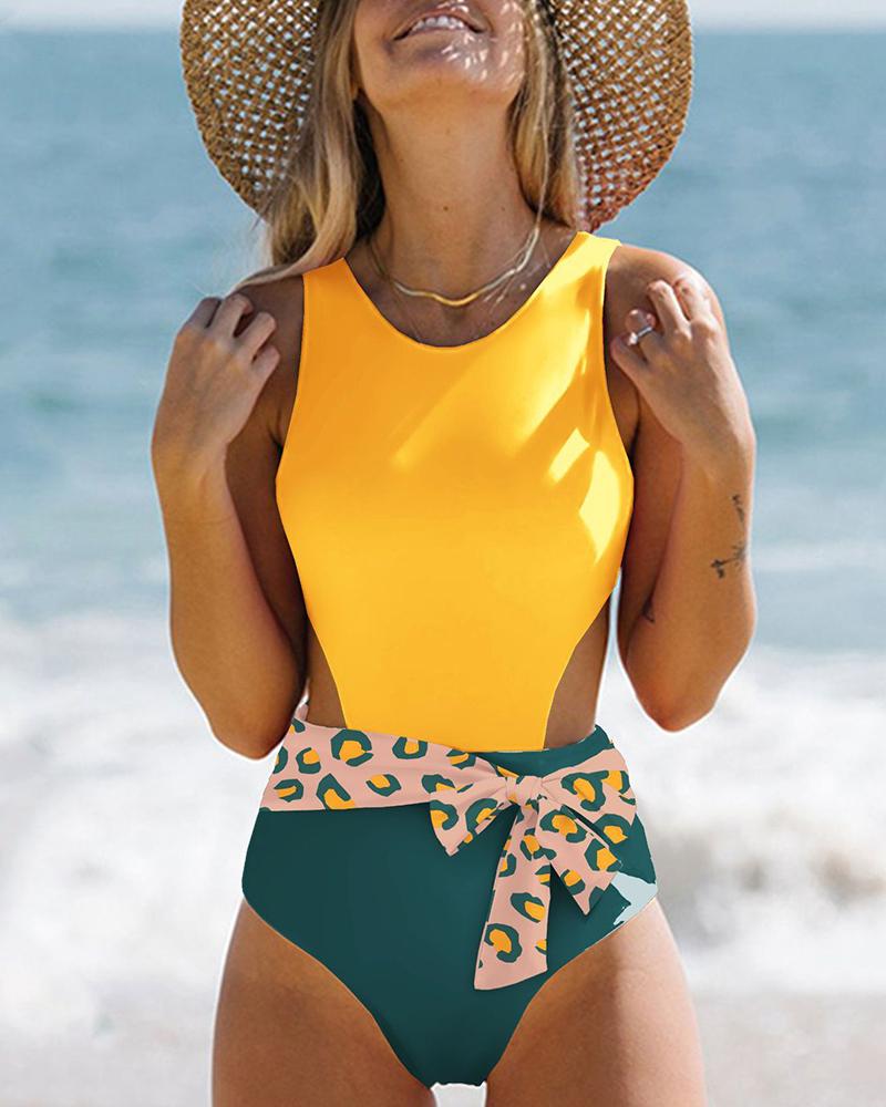 

Colorblock Contrast Leopard Print Cutout One Piece Swimsuit, Yellow